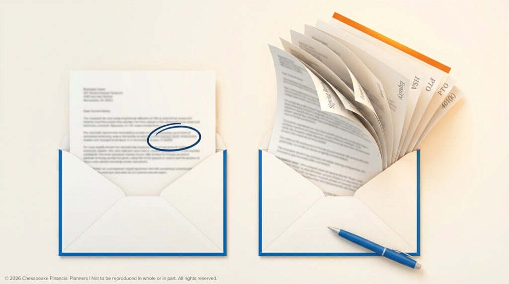 Two white envelopes with blue trim on a pale surface; left envelope shows a document with a blue circle marking, right envelope holds a fan of papers with a blue pen nearby