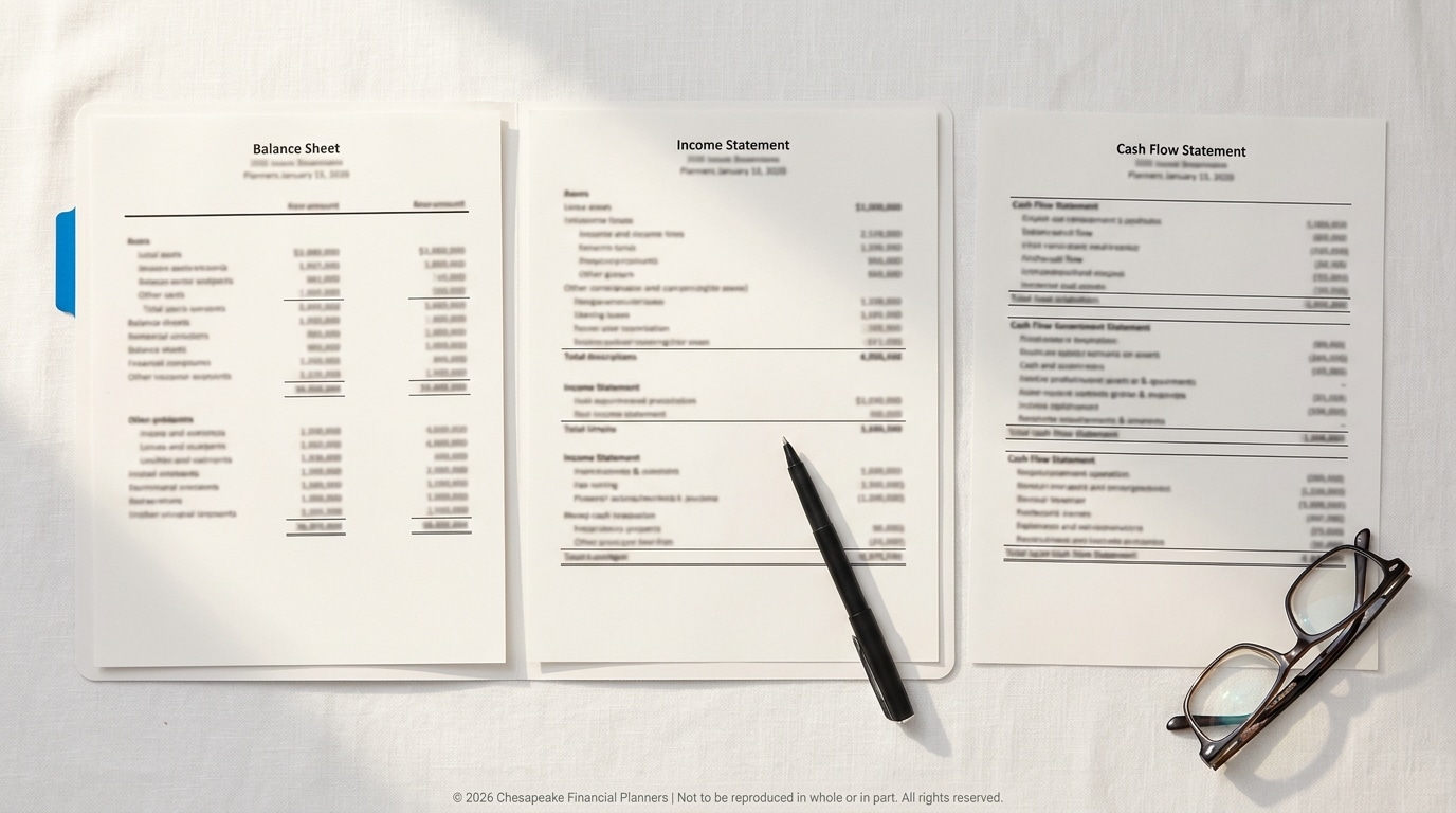 Three financial statements laid out on a light surface: Balance Sheet, Income Statement, and Cash Flow Statement, with a black pen and glasses nearby on the right.