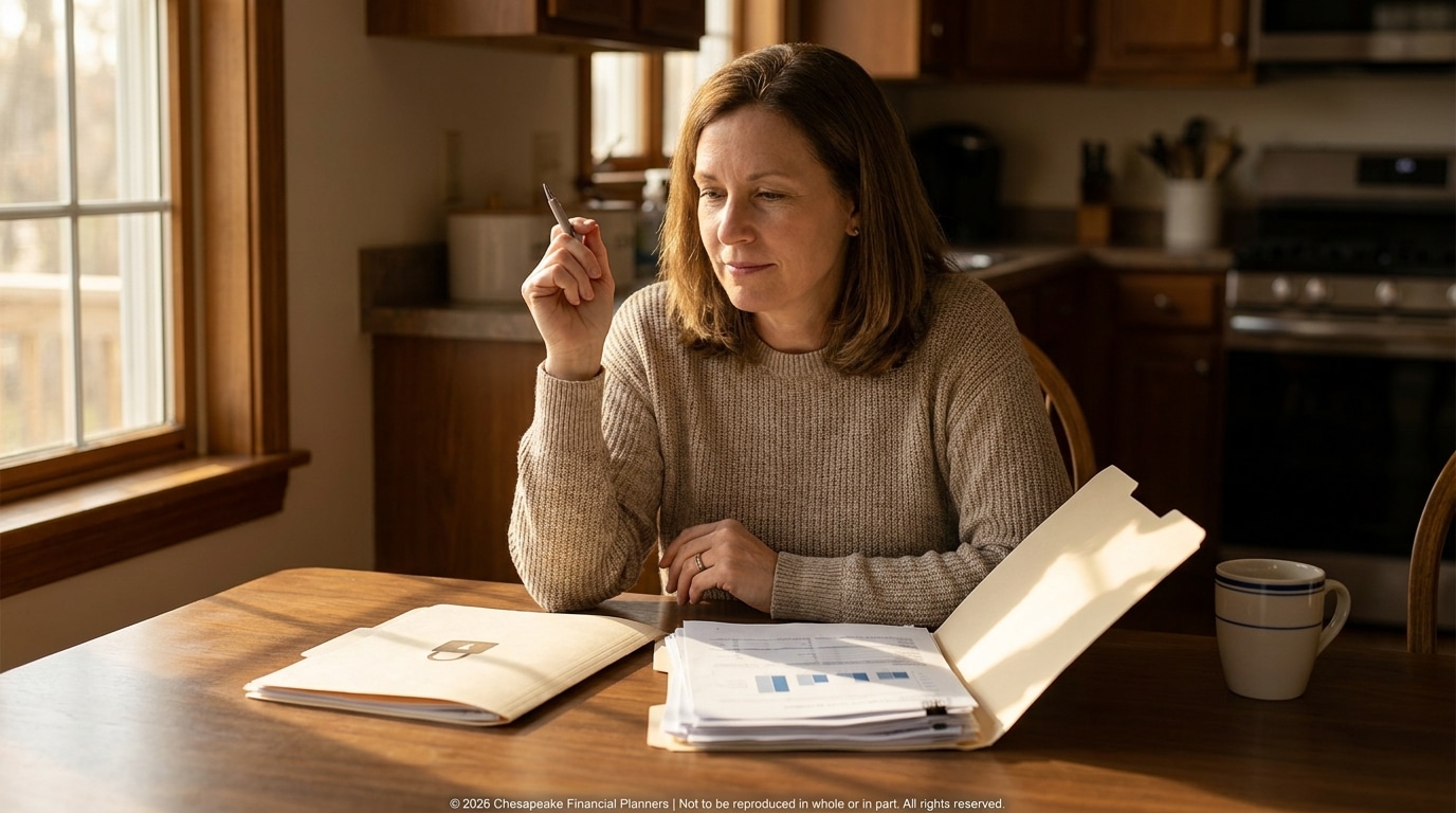 Woman in a beige sweater sits at a wooden kitchen table, holding a pen and reviewing documents.
