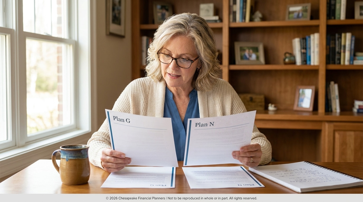Older woman with glasses reads two documents labeled Plan G and Plan N at a wooden table in a home office, with a mug nearby.
