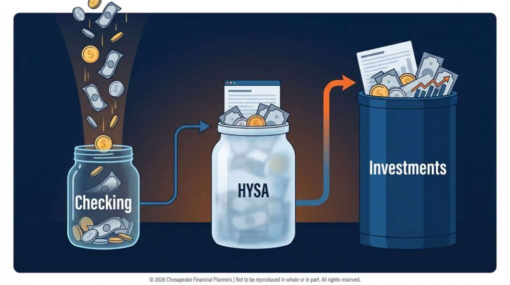 Money flows from Checking into HYSA, then into Investments in a three-jar diagram illustrating savings growth.