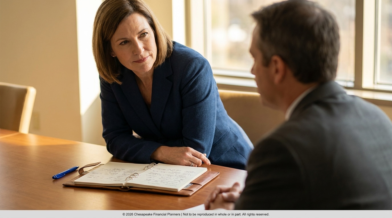 Businesswoman in a blue blazer leans over a notebook on a conference table, discussing with a colleague. A pair of glasses and a blue pen sit nearby.