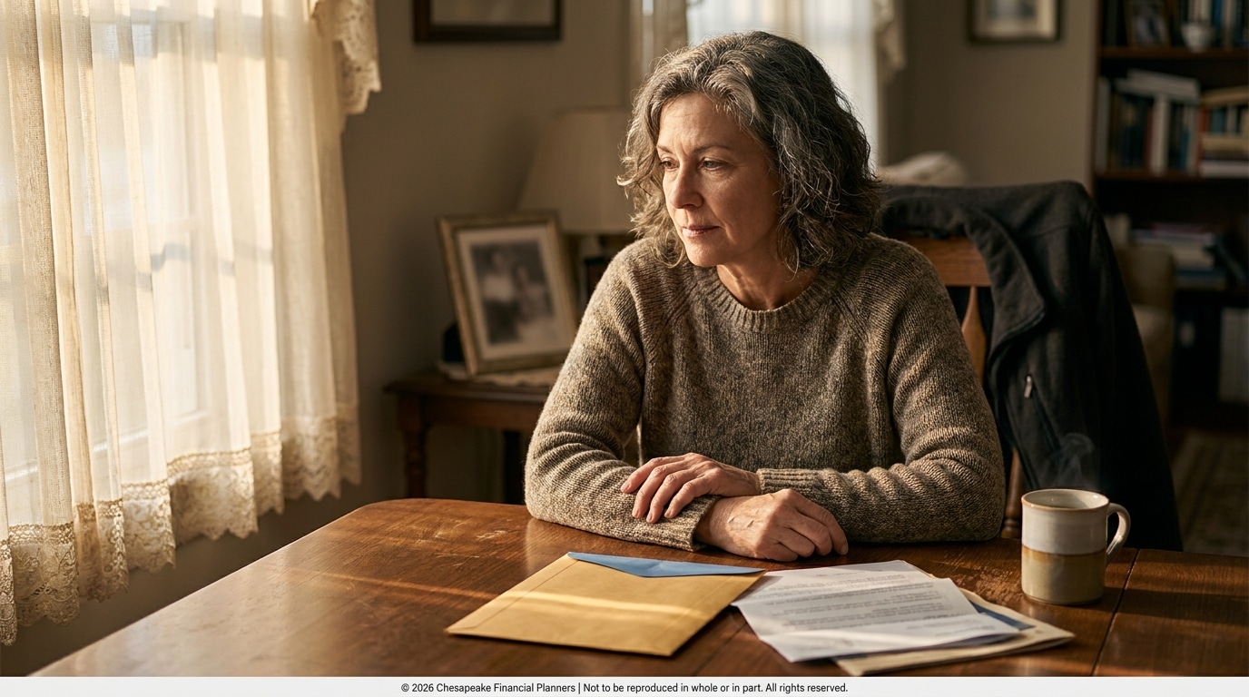 Older woman in a sweater sits at a wooden table by sunlit lace curtains, looking over documents and an envelope.