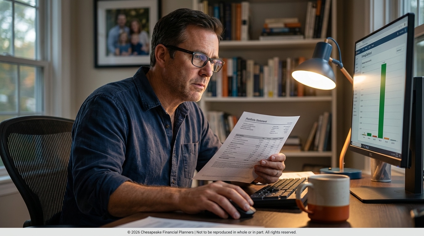 Man in a denim shirt and glasses reviews a financial statement at a home office, with a computer showing a tall bar chart nearby.