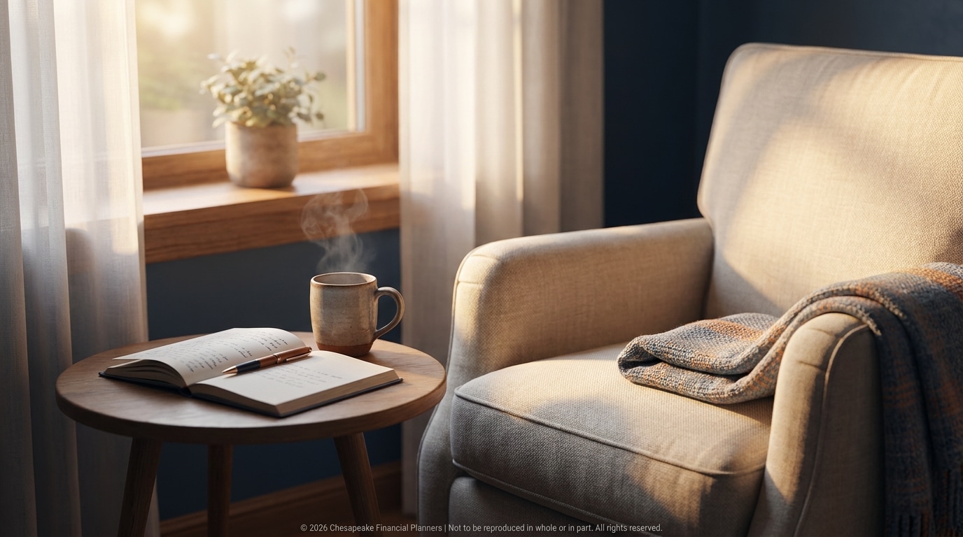 Cozy reading nook with a beige armchair, a plaid blanket, open notebook and pen on a round wooden table, warm sunlight streaming through a window with a potted plant on the sill, steam rising from a mug.