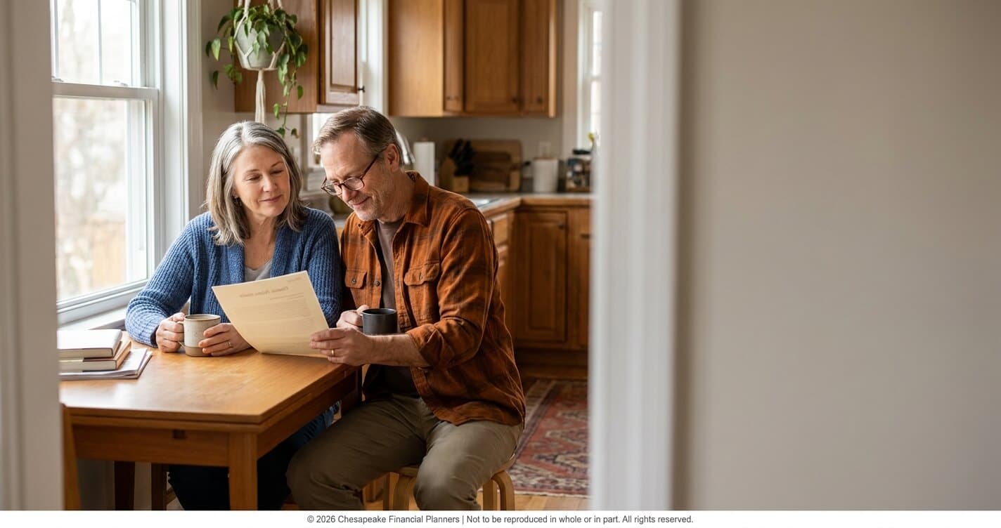 Couple sitting at a wooden kitchen table, reading a document together while holding mugs.