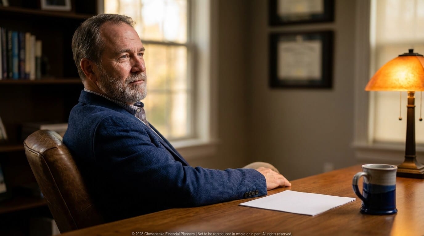 Older man with gray beard sits at a wooden desk in a study, wearing a blue blazer, looking pensively to the left near a lamp and mug on the desk.