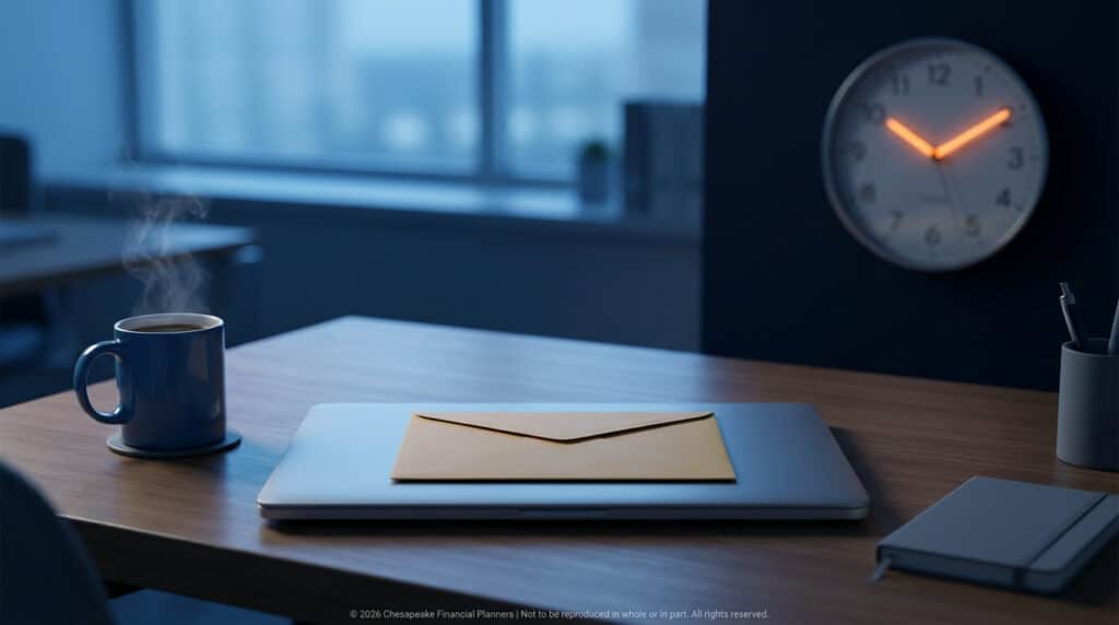 Work desk with a closed laptop and a brown envelope on top, a steaming mug on the left, and a wall clock with orange hands in blue lighting.