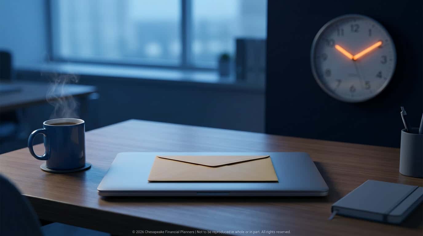 Work desk with a closed laptop and a brown envelope on top, a steaming mug on the left, and a wall clock with orange hands in blue lighting.