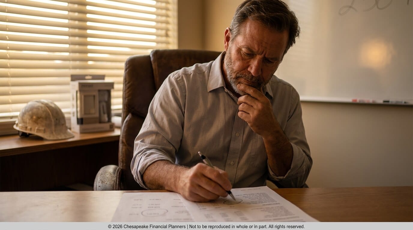 Man in a light shirt sits at a wooden desk, pens a document, and rests his chin on his hand while thinking in a sunlit office.