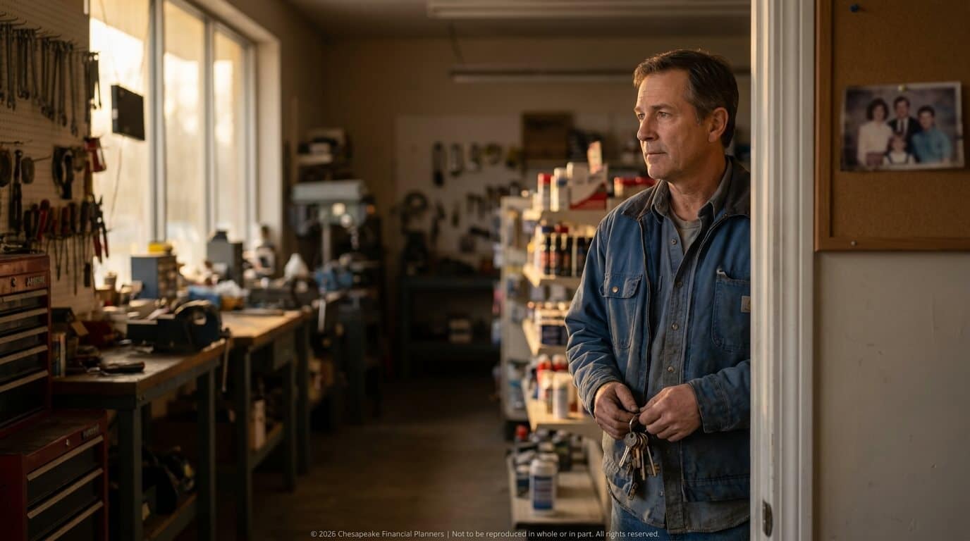 Middle-aged man in a denim jacket stands in a workshop doorway, holding a set of keys and looking thoughtfully outside.
