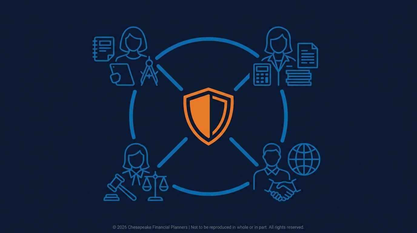 Orange shield in the center with a blue circle of professionals around it, symbolizing security and risk management.