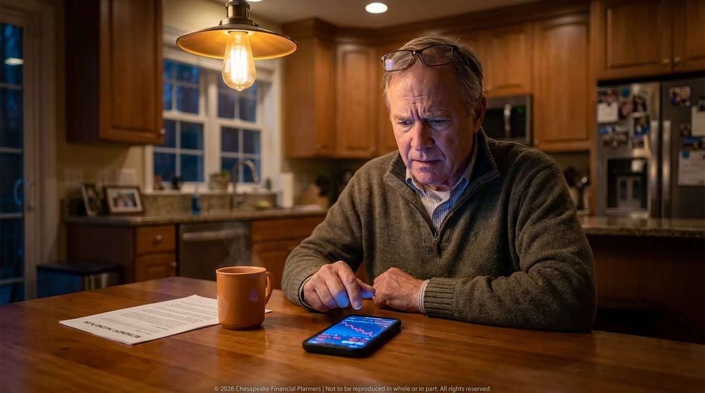 Older man sits at a kitchen table under a warm pendant light, looking at a smartphone displaying a financial chart while a coffee mug and papers lie nearby.