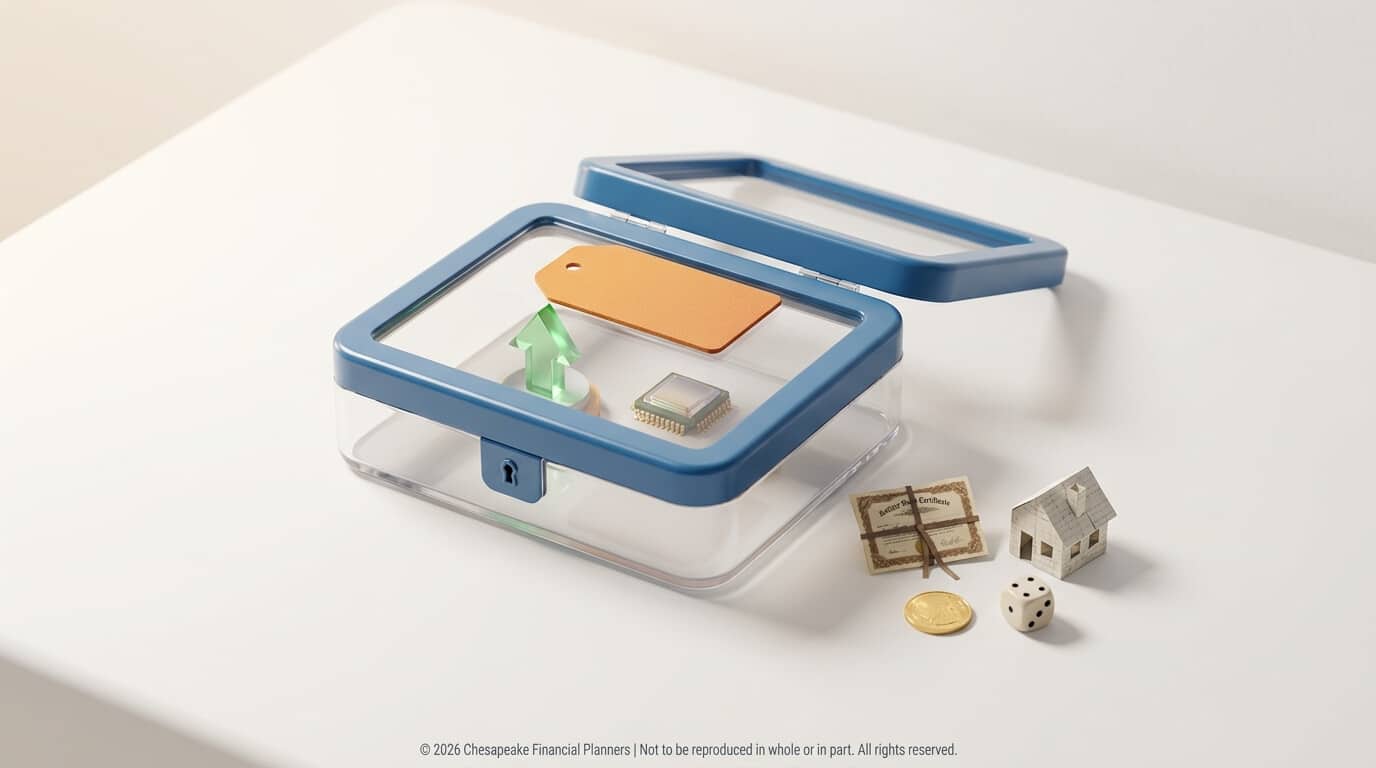 Open transparent cash box with a blue lid on a white surface, accompanied by a tiny house model, a coin, a dice, and bundled documents (mortgage papers).