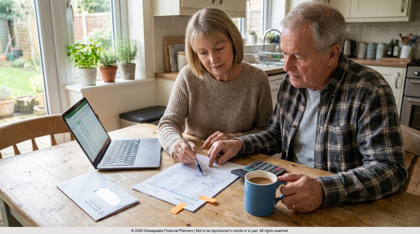 Older couple at a bright kitchen table reviewing financial documents with a laptop, calculator, and a coffee mug nearby.