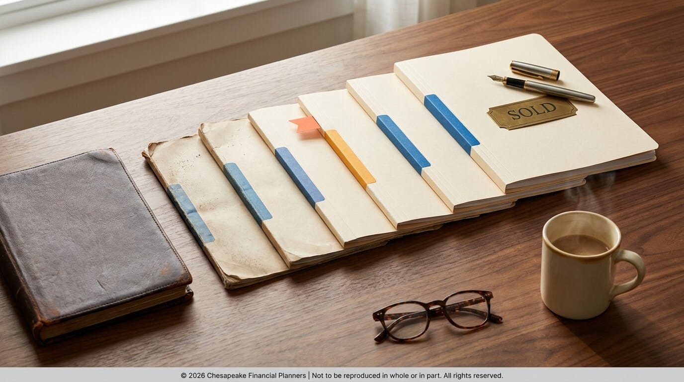Open file folders with color-coded tabs on a wooden desk, a 'SOLD' tag and fountain pen at the top right.