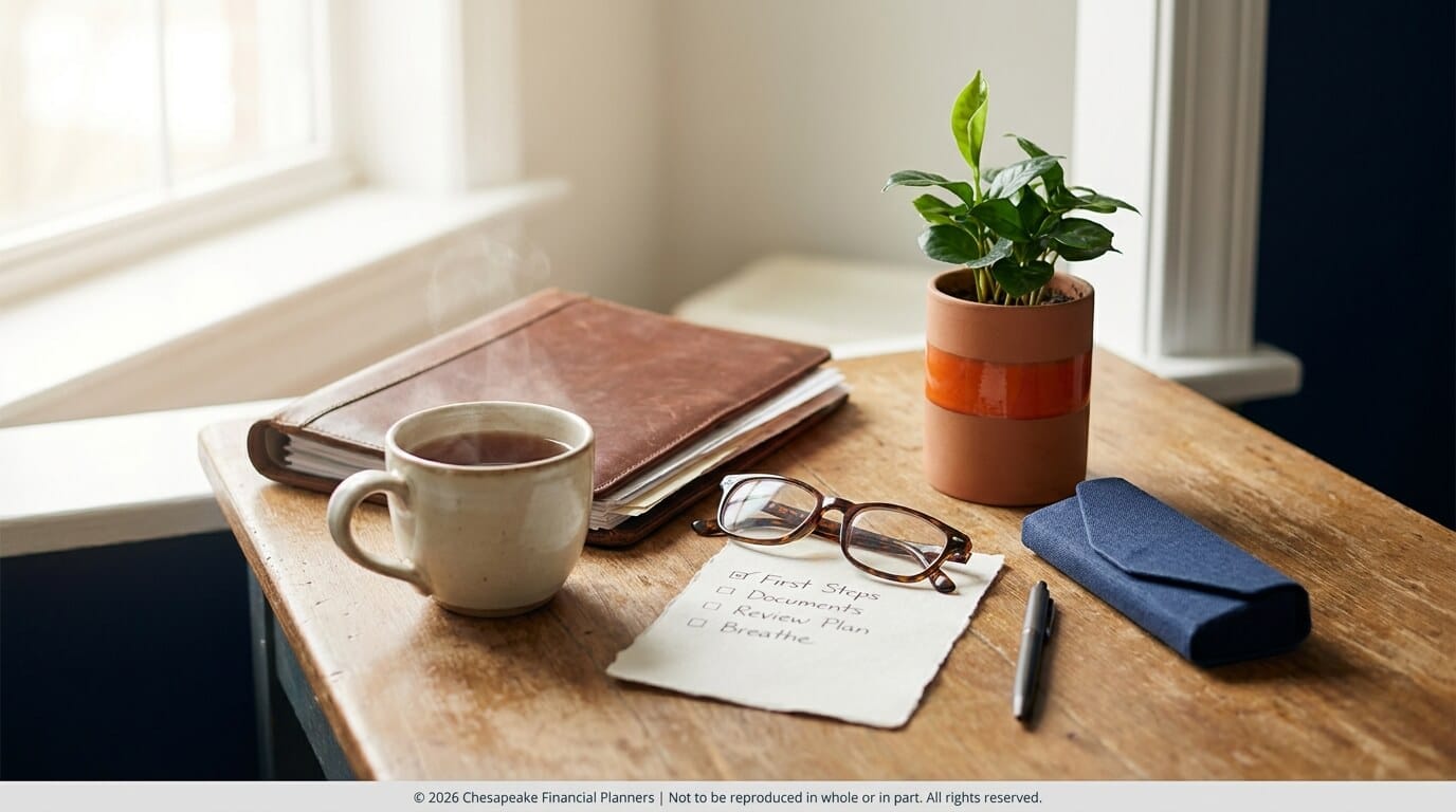 Cozy wooden desk with a steaming mug of tea, a brown notebook, reading glasses, a small potted plant, and a checklist on torn paper.