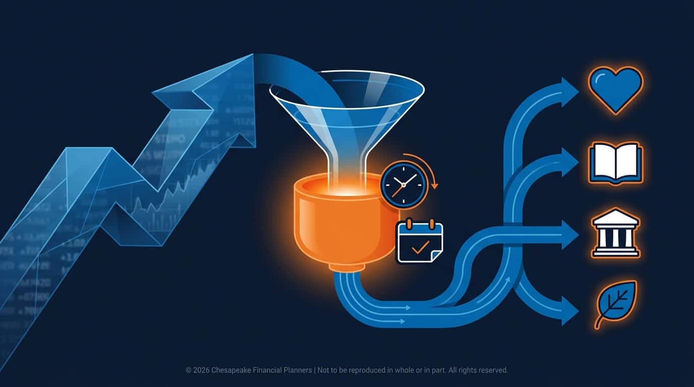 Funnel-based financial flow: blue funnel with orange base pours into multiple pathways leading to heart, book, bank, and leaf icons on the right.
