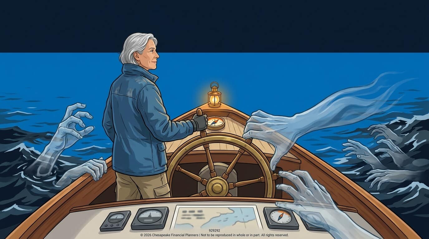 Older man steering a wooden boat at night, lantern lit, as translucent ghostly hands reach from the dark sea toward the helm.