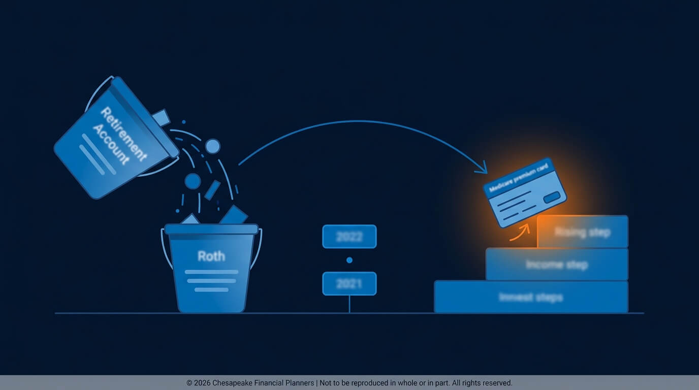 A blue diagram showing funds being poured from a 'Retirement Account' into a blue 'Roth' bucket on the left, with year markers '2021' and '2022' in the center and a card labeled 'Medicare premium card' being placed onto a glowing stack of steps on the right, suggesting a flow or conversion process.