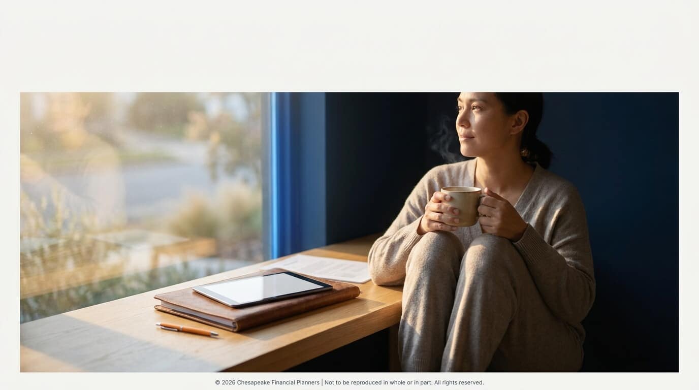 Woman seated by a window, holding a mug while looking outside; on her desk are a tablet and notebook.