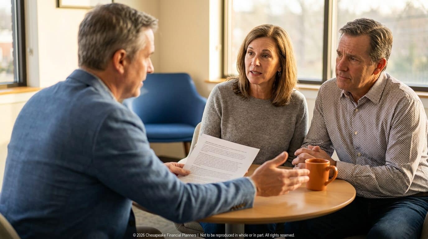 Three adults sit at a round table in a sunny room, discussing a document with a coffee mug nearby.