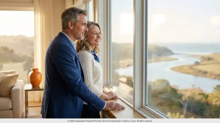 Couple standing at a windowsill, gazing at a sunlit river valley outside.