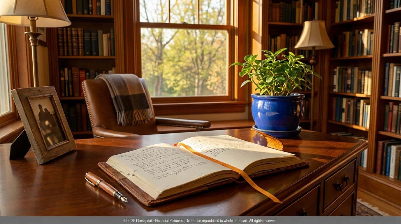 Open notebook with ribbon on a wooden desk in a sunlit study, with a blue potted plant and shelves of books nearby.