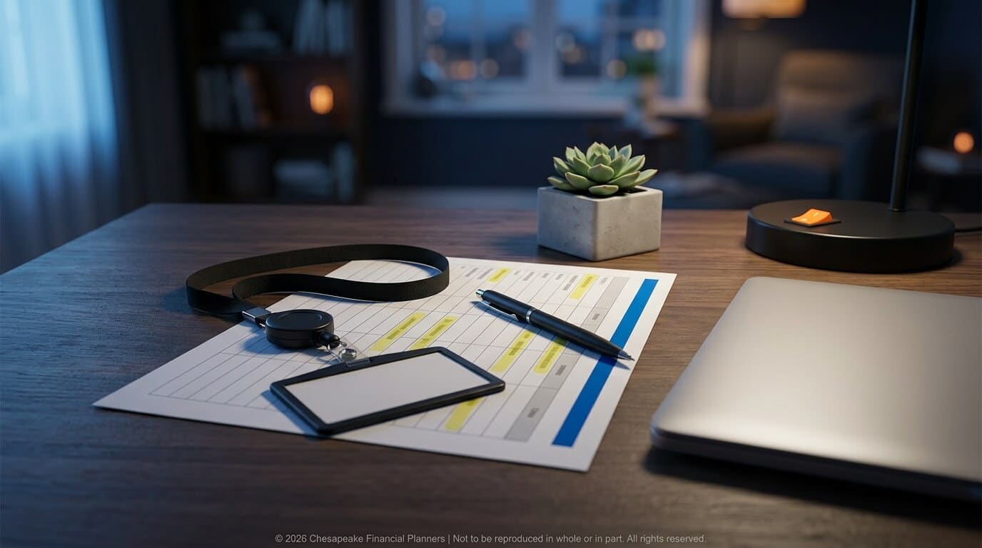 Desk workspace with a planner, pen, and a smartphone on a wooden surface next to a laptop and a small plant.