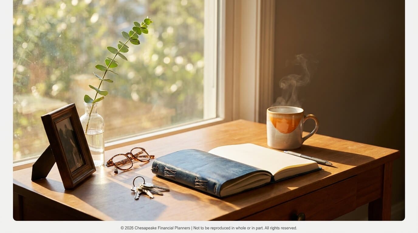 Sunlit wooden desk by a window with an open notebook, pen, glasses, keys, a photo frame, a vase with greenery, and a steaming mug.