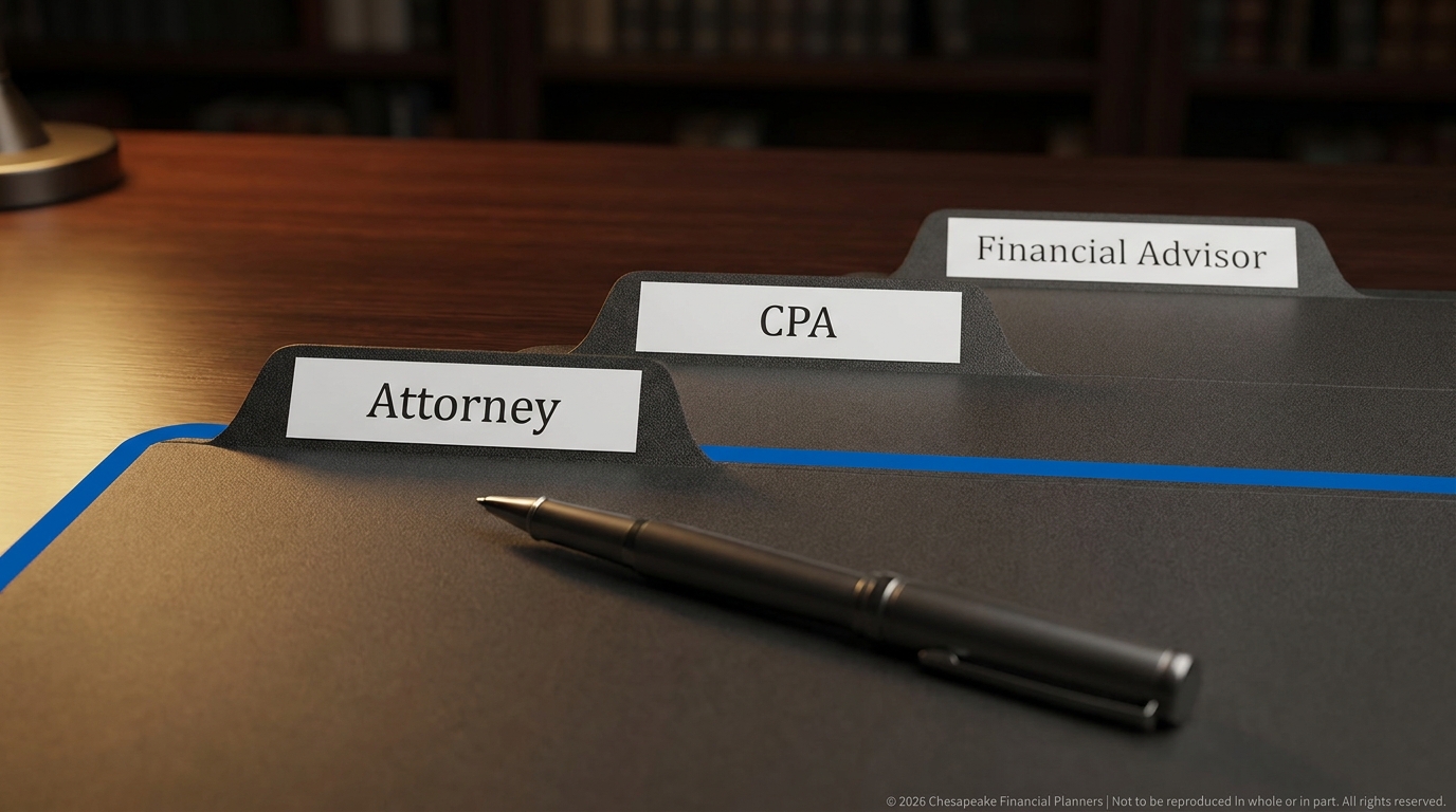 Desk with file dividers labeled Attorney, CPA, and Financial Advisor; a pen rests on the desk.