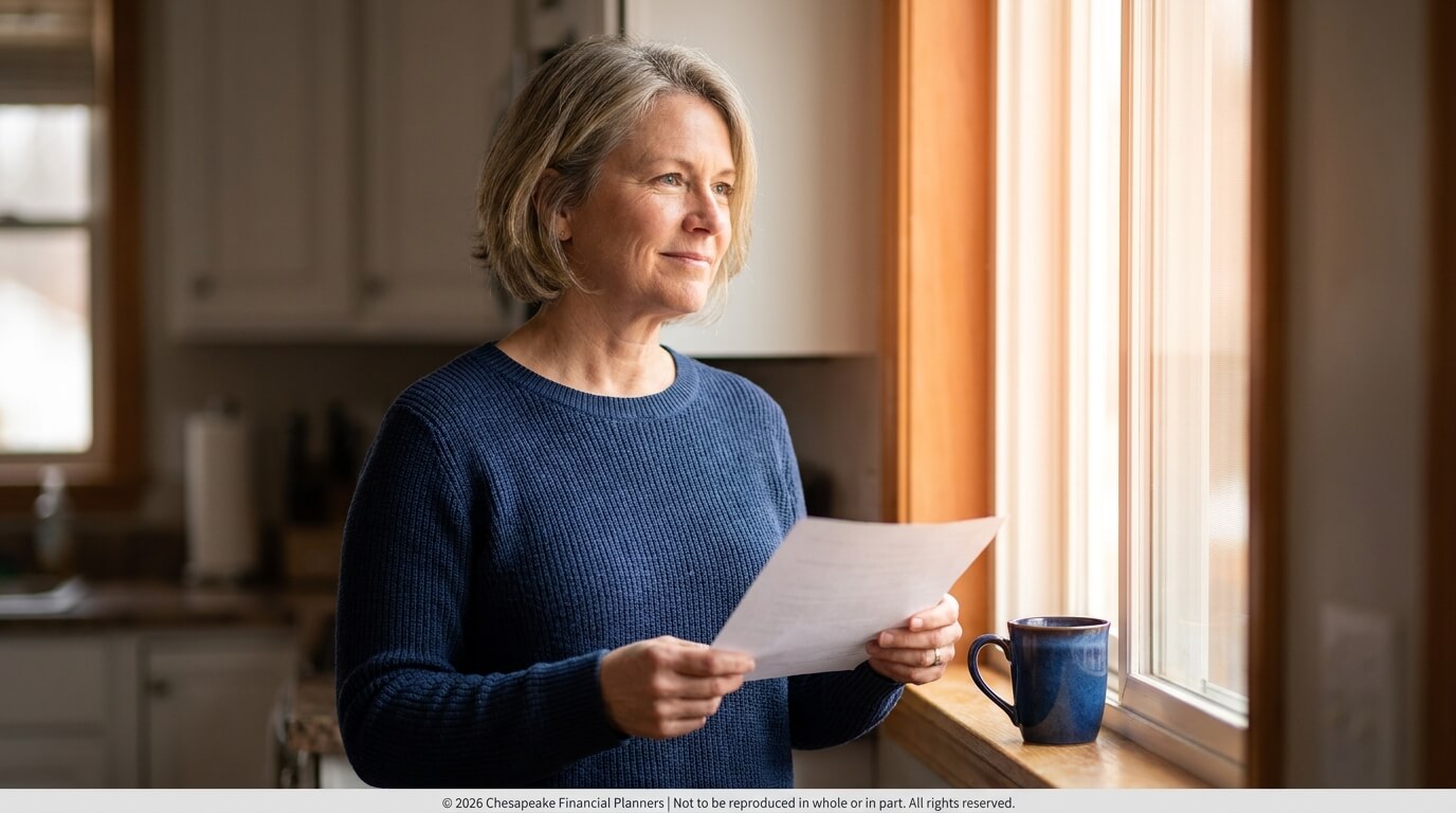 Older woman in a blue sweater standing by a sunlit kitchen window, reading a letter.