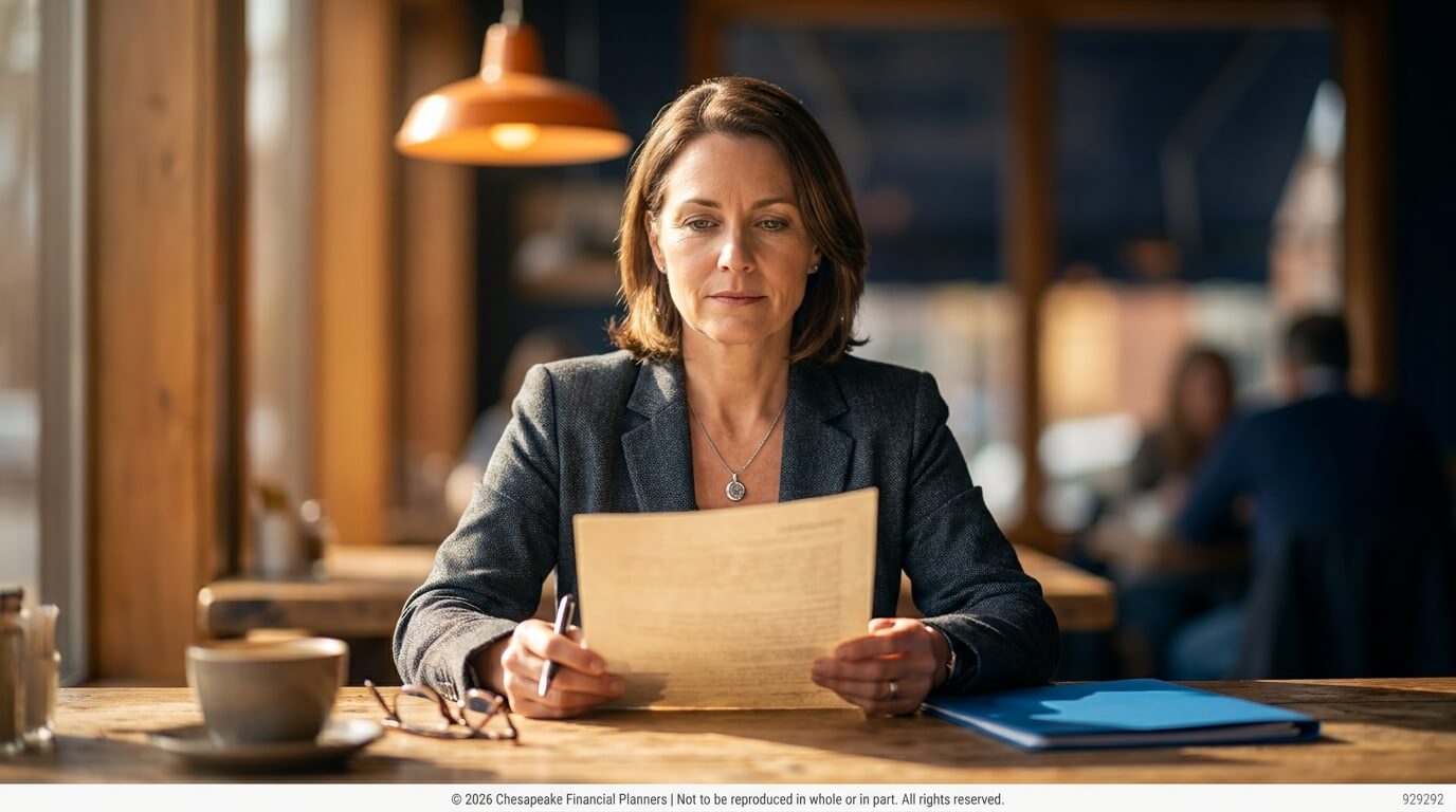 Businesswoman in a blazer sitting at a wooden cafe table, reading a document with glasses and a pen nearby.