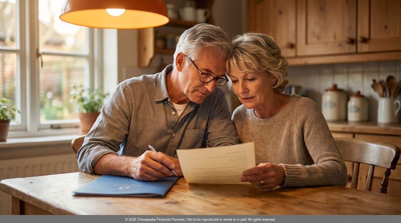 Older couple sitting at a wooden kitchen table, reviewing a document; man signs with a pen under a warm pendant light.