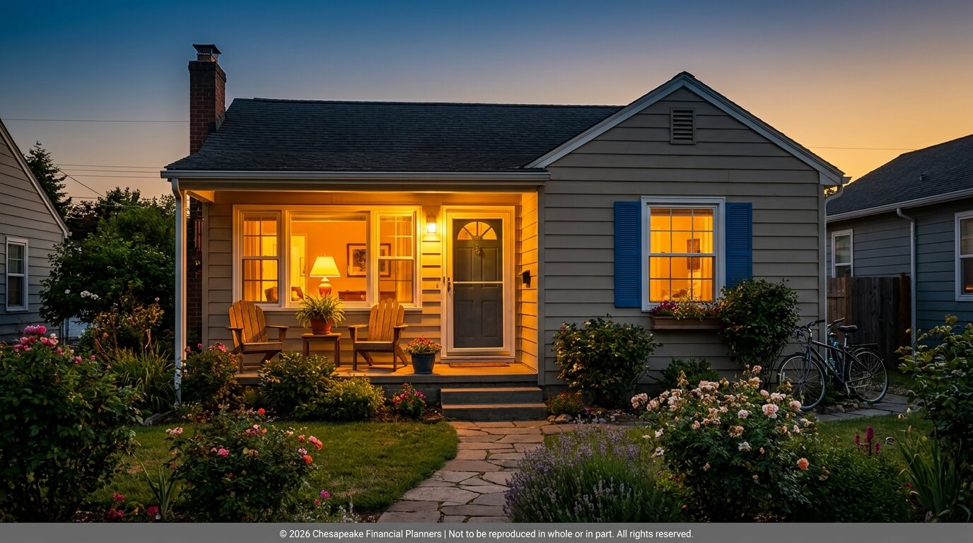Cozy suburban house with a warmly lit front porch at dusk, surrounded by a colorful garden.