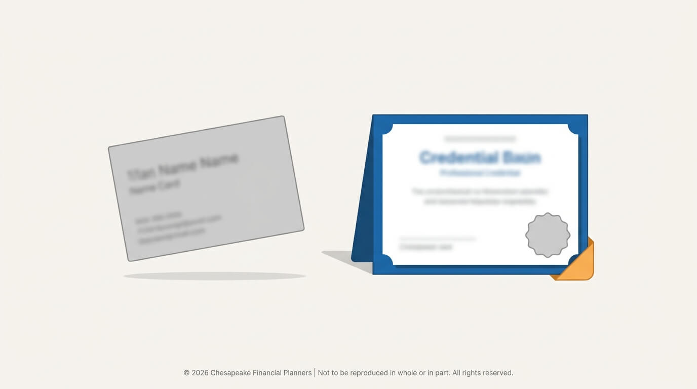 A blurred gray business card flies toward a blue-framed certificate with a gray seal and an orange-corner envelope on a light background, casting a shadow.
