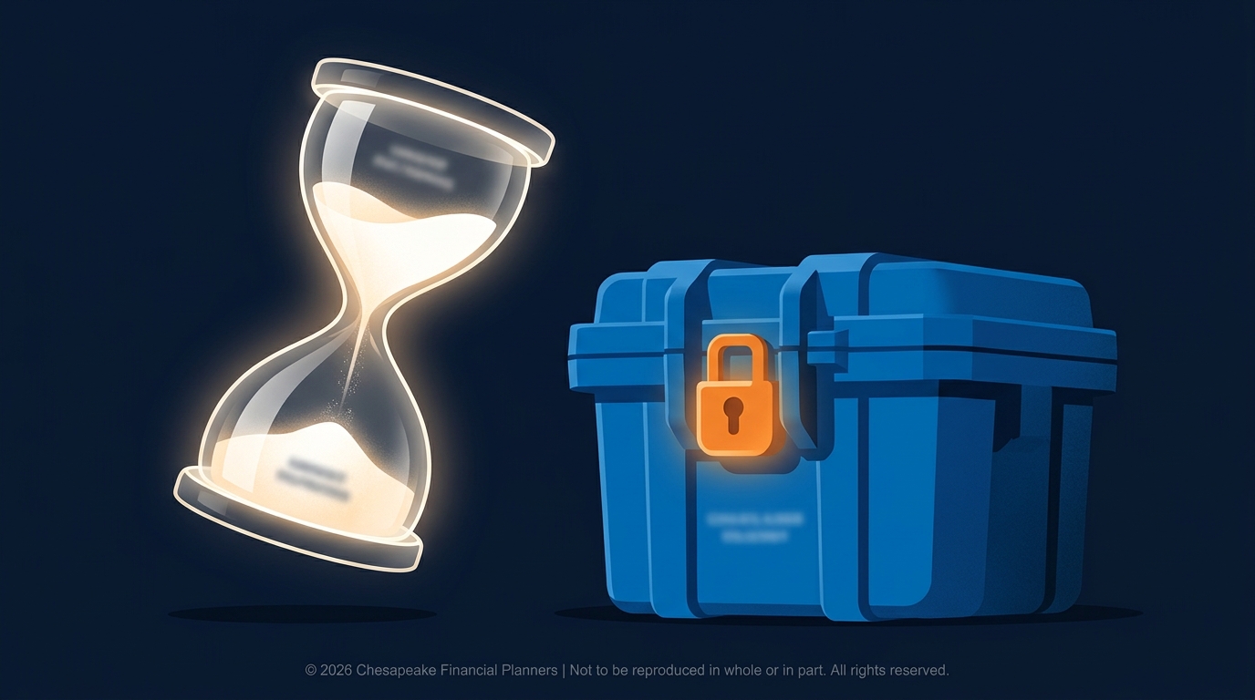 Hourglass beside a blue locked chest, symbolizing time and asset security