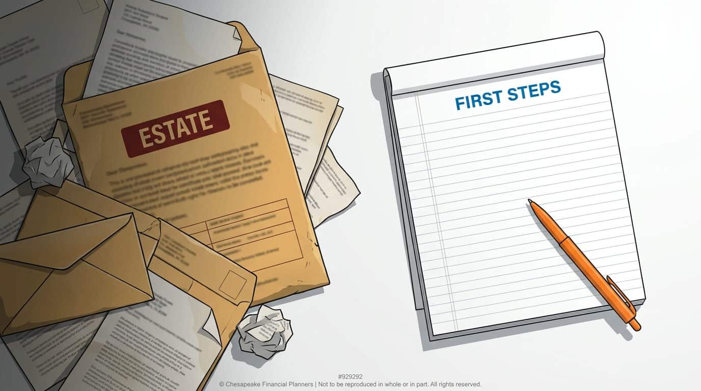 Estate planning materials and envelopes scattered near a notepad that says 'FIRST STEPS' with an orange pencil.