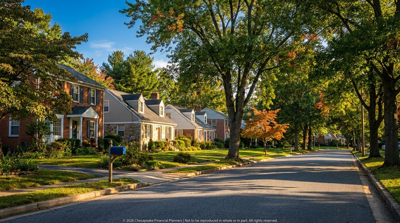 A quiet suburban street lined with brick and siding houses, green lawns, and tall trees displaying early-fall colors under bright sunlight.