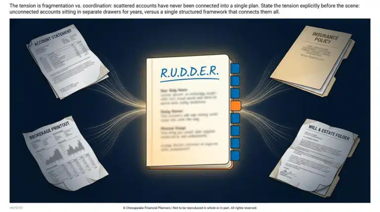 Center-focused beige binder labeled 'RUDDER' with blue index tabs, connected by light streams to surrounding documents: Account Statement (top left), Brokerage Printout (bottom left), Insurance Policy (top right), and Will & Estate Folder (bottom right) on a dark blue background.