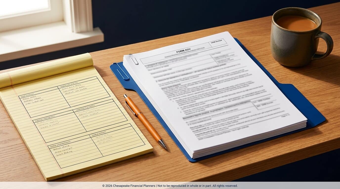 Desk top with a yellow legal pad, a blue clipboard stacked with forms, an orange pen, and a mug of coffee nearby.