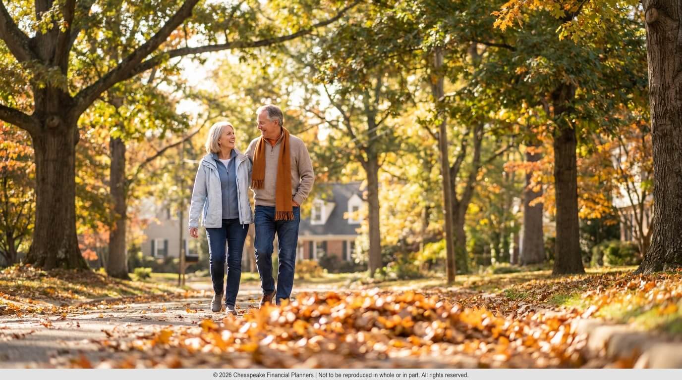 Older couple walking together along a leaf-strewn sidewalk in a sunny autumn park.