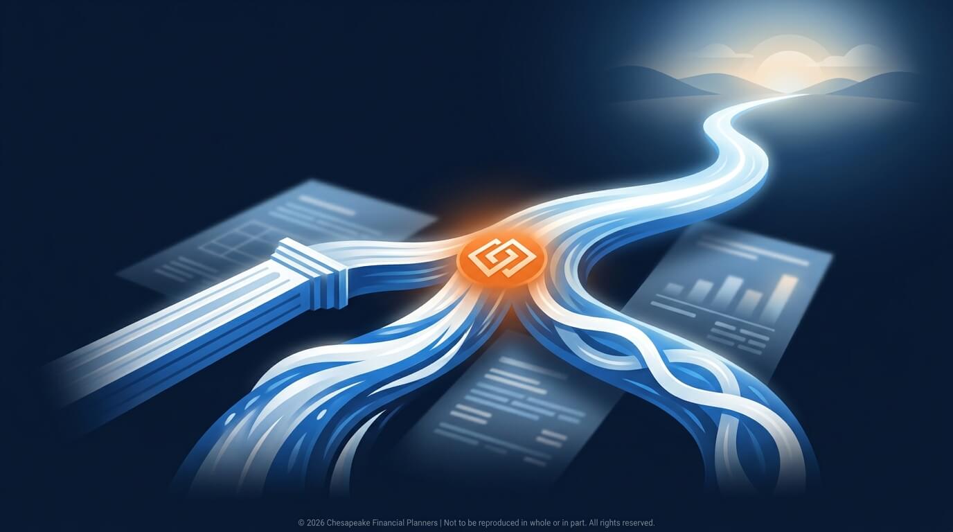 Abstract illustration of data cables merging at a glowing orange hub with a Go emblem, reflecting data integration toward a sunrise horizon.