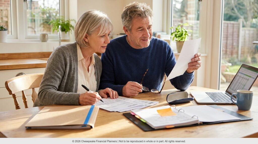 Older couple reviews financial documents at a sunlit kitchen table with a laptop and mug nearby.