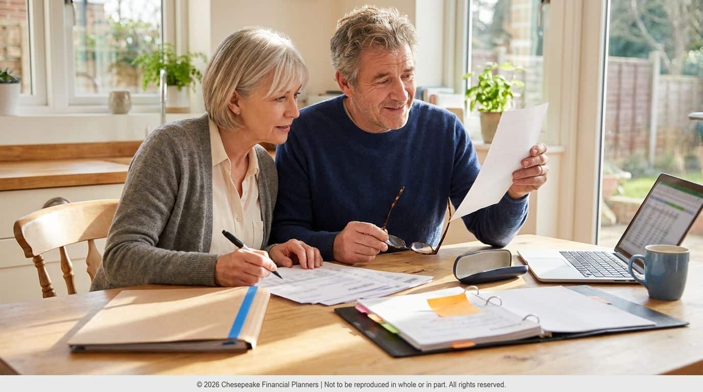 Older couple reviews financial documents at a sunlit kitchen table with a laptop and mug nearby.