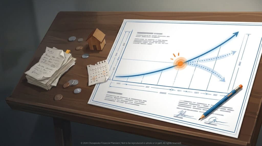 Desk with a financial plan document showing a rising arrow chart, a pencil, coins, receipts, a calendar, and a small house model on a wooden table.