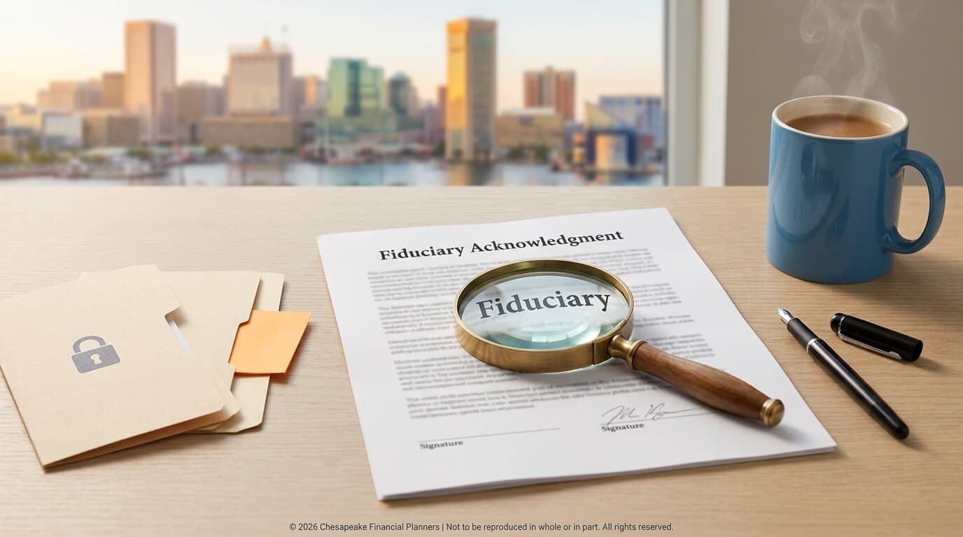 Fiduciary document on a desk examined with a magnifying glass, alongside a blue mug, folders, and a pen with a cityscape in the background