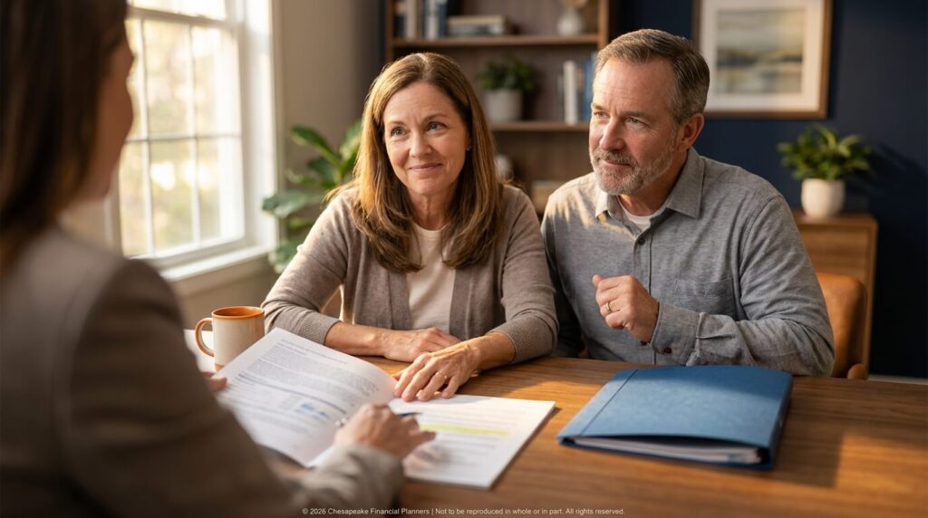 Couple meeting with a financial advisor across a wooden table, reviewing documents and a blue binder in a cozy office.