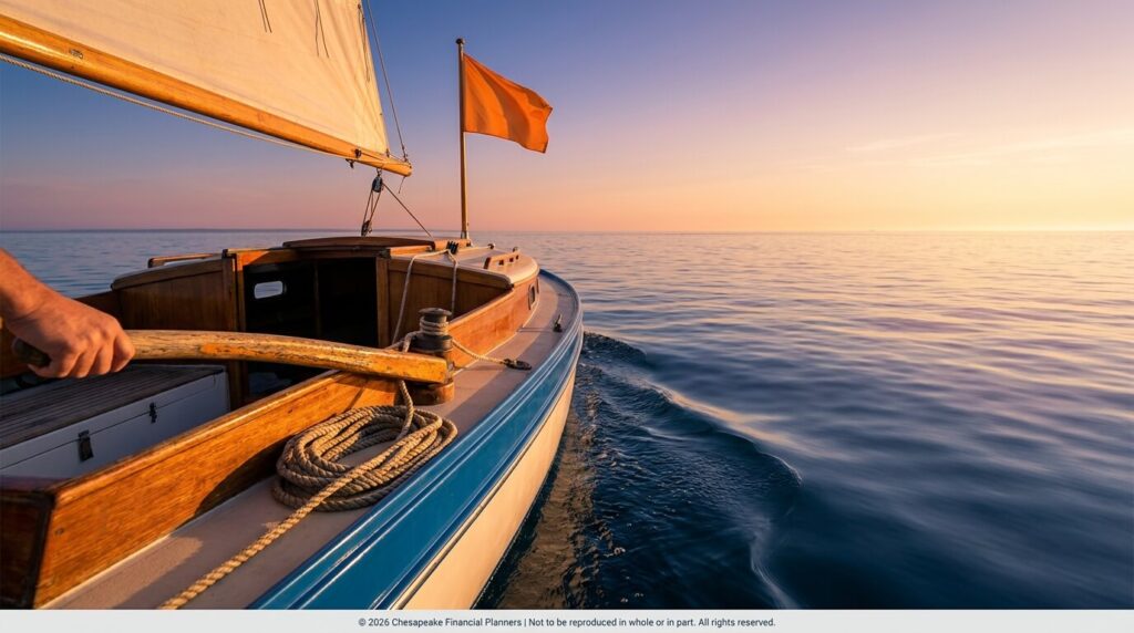 Sailing boat at sunset on calm blue sea, hand steering from a wooden deck.