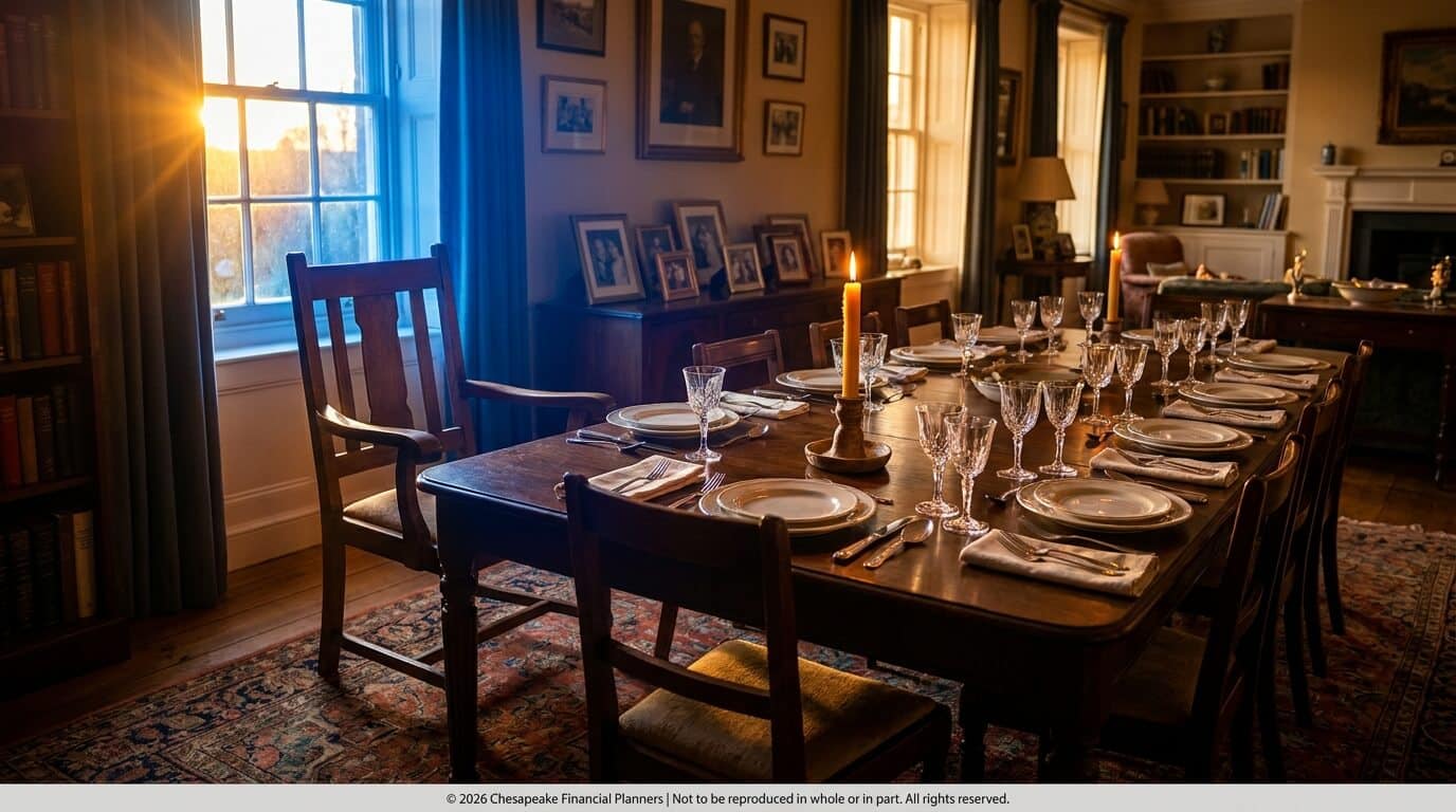 Long wooden dining table set for a formal dinner with candles, glassware, and plates in a warmly lit room.